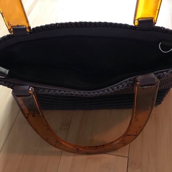 Retro Woven Handbag Pursewith Amber Lucite Handles - Picture 3 of 5